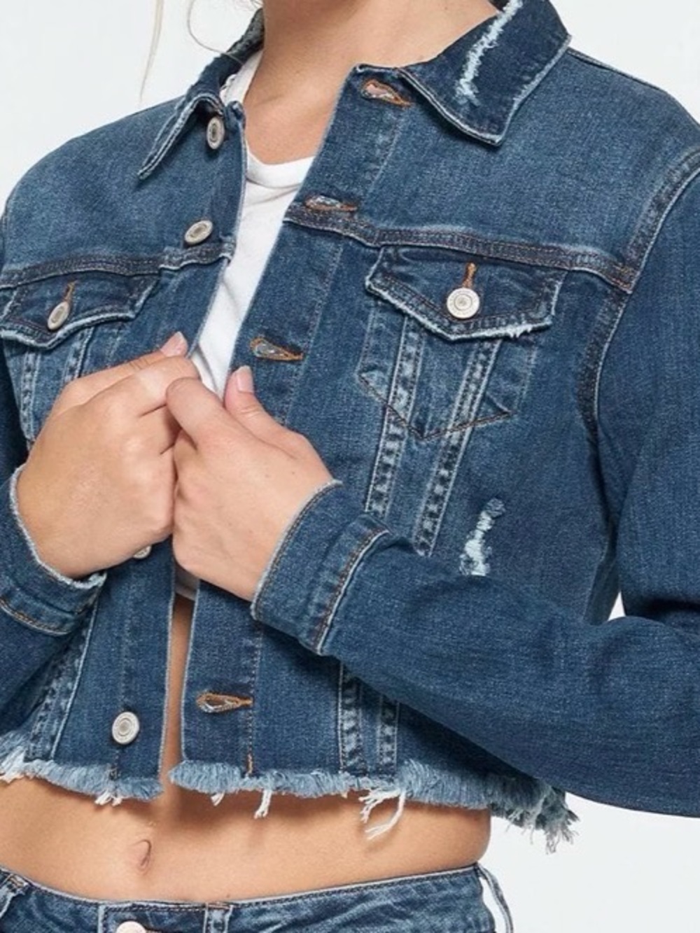 I&M Distressed Dark Blue Cropped Denim Jacket - Women's Jean Jacket